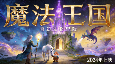 奇幻冒险电影《魔法王国》高清海报 - 魔法城堡与奇幻生物冒险场景